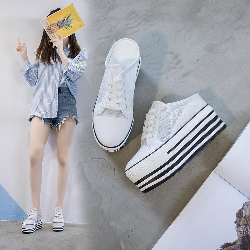 Half-Mule Closed-Toe Sandals for Women 2026 New Lace Breathable Women's Flats Thick-Soled Slip-On Casual Shoes Women's Sandals Wholesale