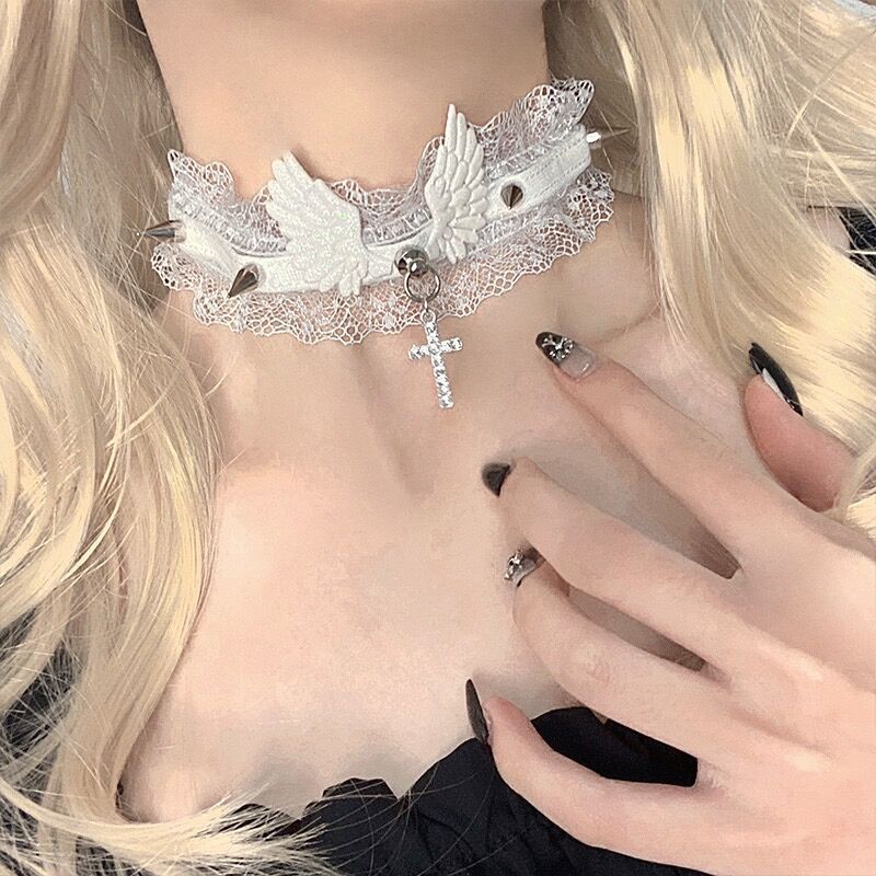 Lolita cyberpunk gothic vintage lace rivet collar choker angel wings necklace clavicle accessories