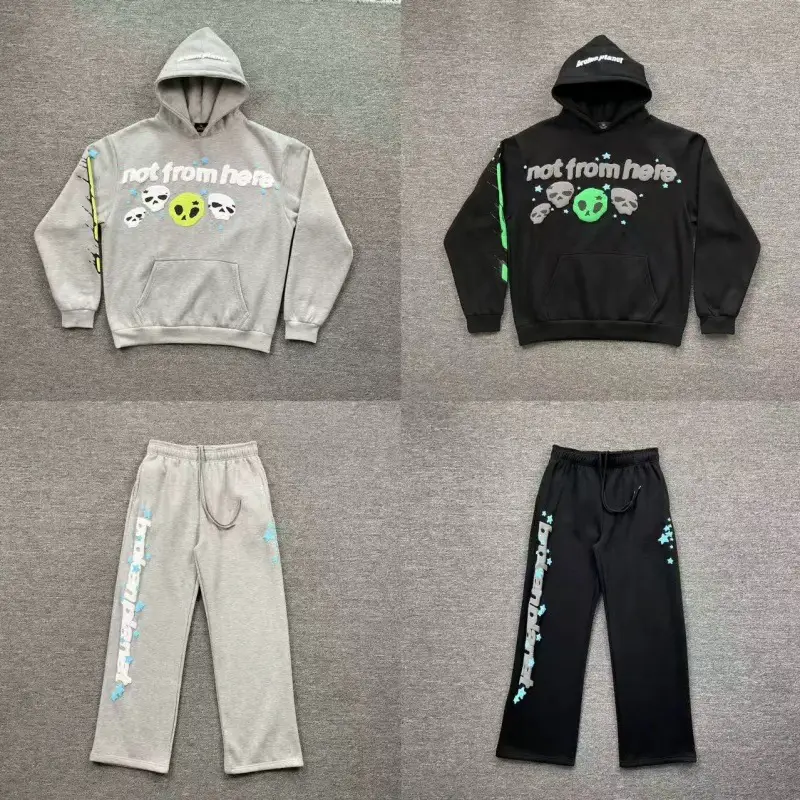 Cross-Border Export Brokenplanet Skull Foam Letter Printing Fleece-Lined Hooded Sweatshirt Casual Sweatpants Suit