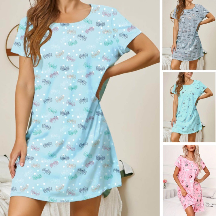 2024 Spring and Summer New European and American Amazon temu Explosions Home Nightdress Crewneck dress Casual Printed Women's Wear