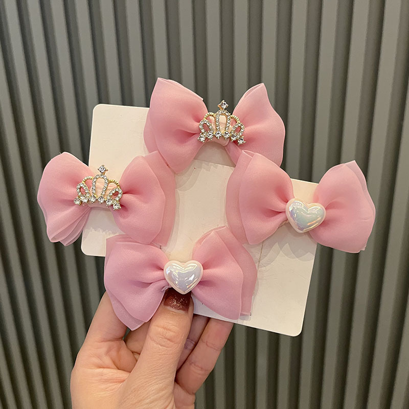Crown headdress children's bow hairpin pink cute girl's hairpin pair clip Princess headdress broken hair side clip