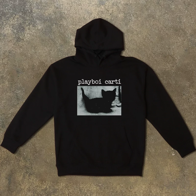Cute and Fluffy Sweatshirt with a Unique Style, Featuring a Little Black Cat, Suitable for Art Students, American-Style Pullover with Fleece Lining, Top for Men