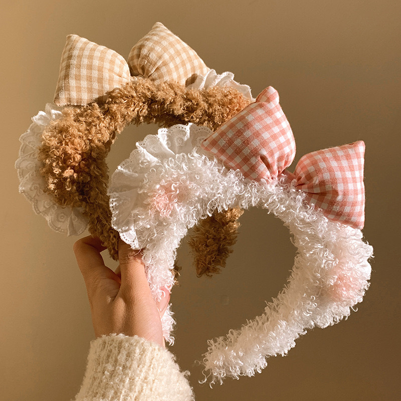 Honey Blush Bear Ear Bow Lace Face Wash Hair Band Women Makeup Hair Cute Plush Headband Headwear