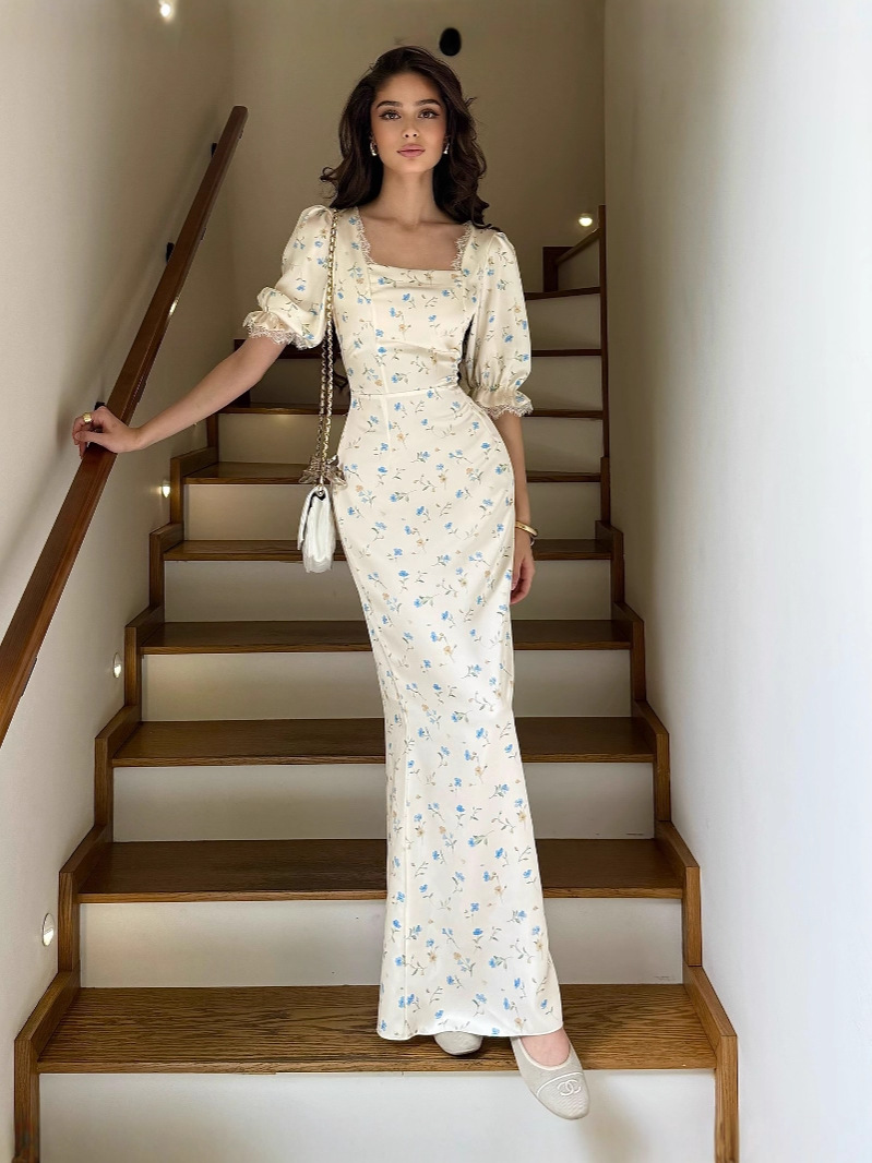 Amazon Europe and America 2025 Spring Cross-Border Slim Lace Satin Print Gentle Fairy Style Lace Dress for Women