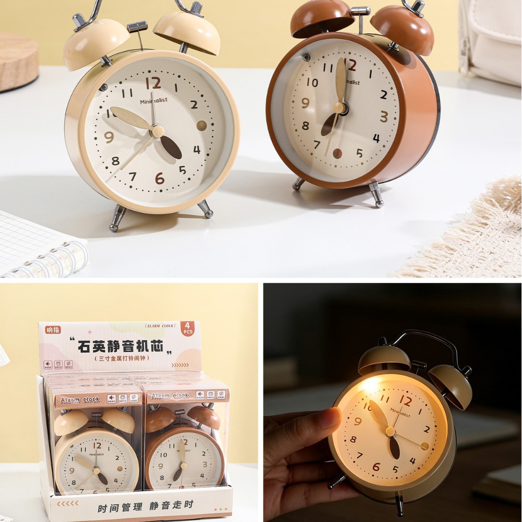 Minimalist Coffee Point 3inch Metal Bell Alarm Clock Series Silent Movement Soft Light Display Alarm Clock for Students to Wake up to