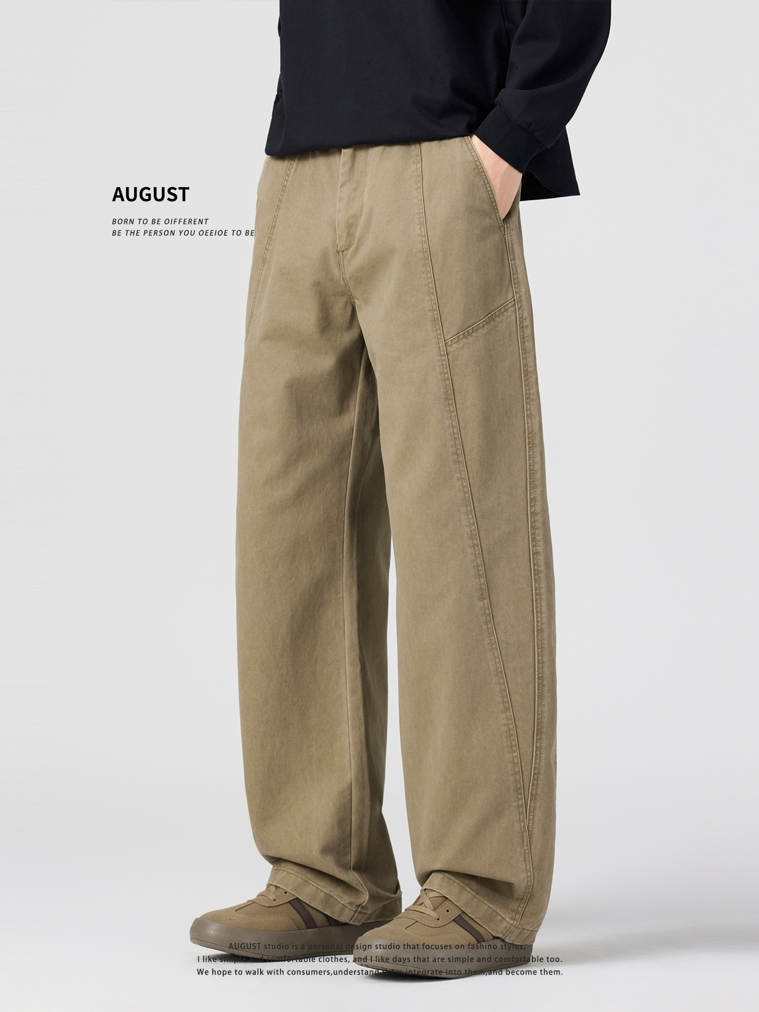 August Khaki Workwear Casual Pants for Men, Loose Straight-Leg Long Pants, Pure Cotton, Fleece-Lined, Thickened, Versatile Men's Pants