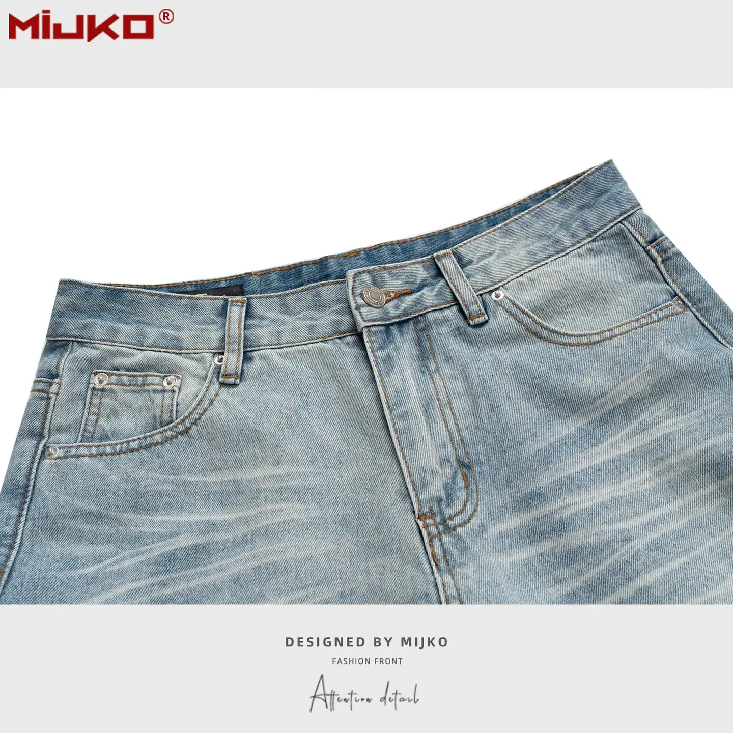 Mijko Men's and Women's American Retro Jeans, Washed and Faded, Unisex, Water Ripple High Street Straight-Leg Pants
