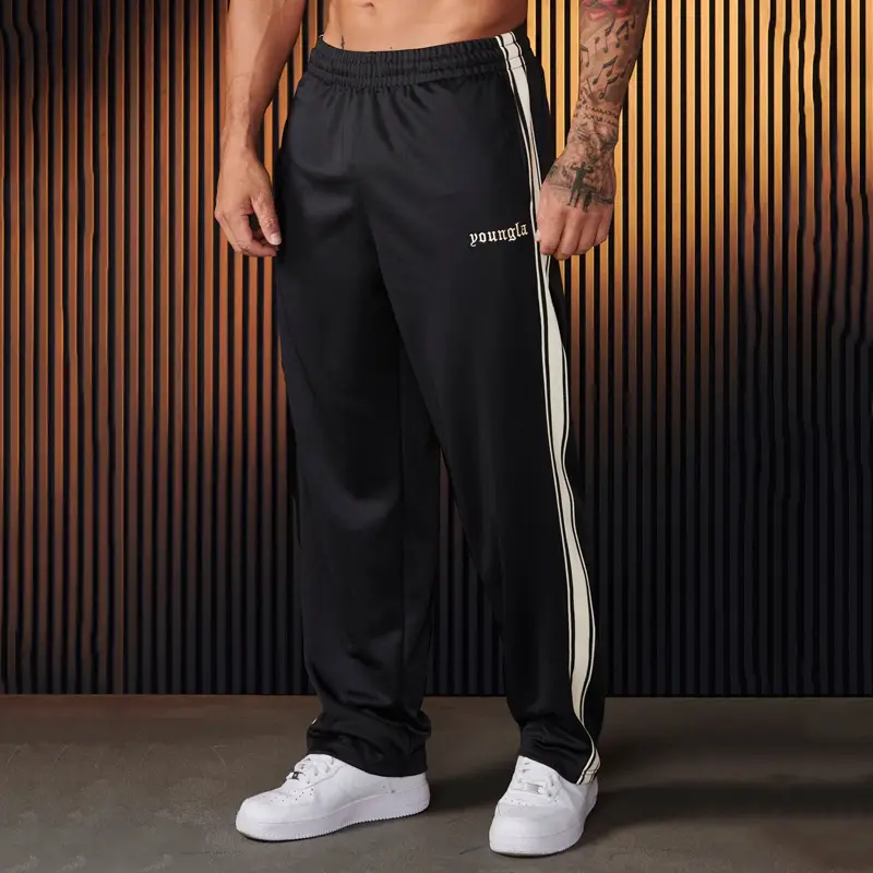 YOUNGLA men's sports pants ribbon striped stitching embroidery casual trousers gym sports straight pants