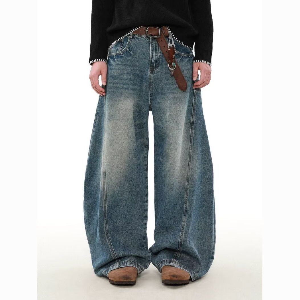 Vintage Washed Loose-Fitting Curved Jeans for Men and Women, Slightly Flared, Unique Design, Tie-Dye Wide-Leg Pants