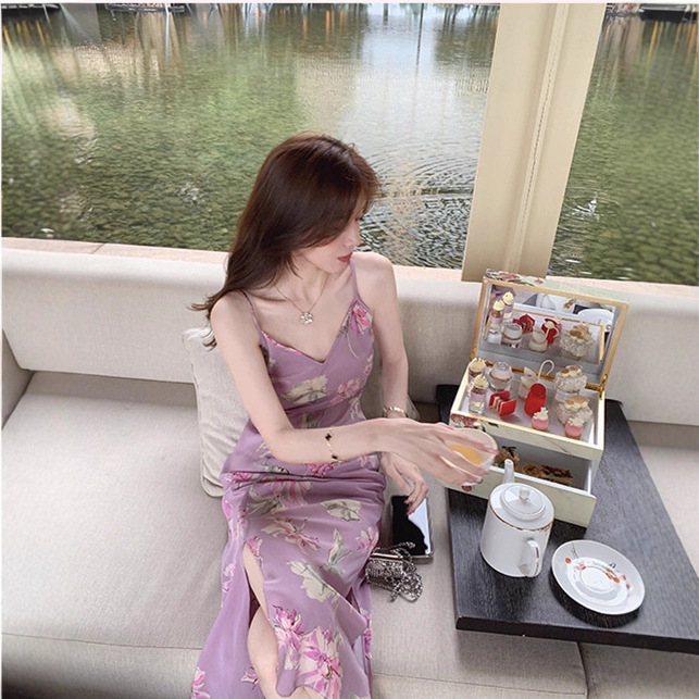 [Ready Stock] Begonia Blossoms Printed Body-Shaping Hibiscus Chantilly Printed Suspender Skirt Slit Dress