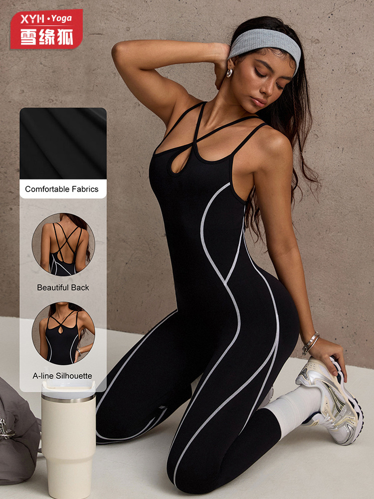 Shein Popular Cross-Strap Backless One-Piece Yoga Outfit for Women, Color-Blocking Sports Peach Butt-Enhancing Fitness Jumpsuit