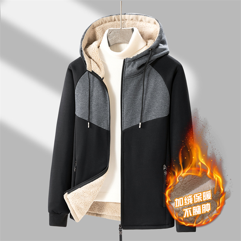 New Autumn and Winter Lamb Velvet Cardigan Large Size Men's Sports Top Fleece-Lined Thickeneded Hooded Sweatshirt Warm Jacket Trendy