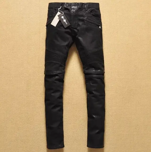 Fashionable Versatile Trendy Slim-Fit Skinny Jeans with Knee Pleats, Punk Biker Style, Stretchy Waxed Coated Denim for Men