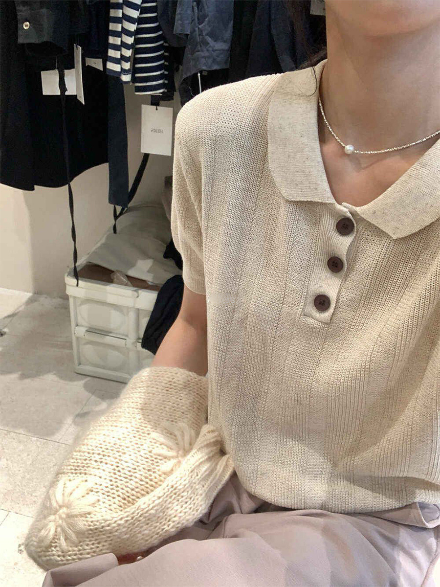 Vintage Ice Silk Polo Collar Knit Top for Women, Spring and Summer Loose Fit Short-Sleeve Polo T-Shirt Women's Top