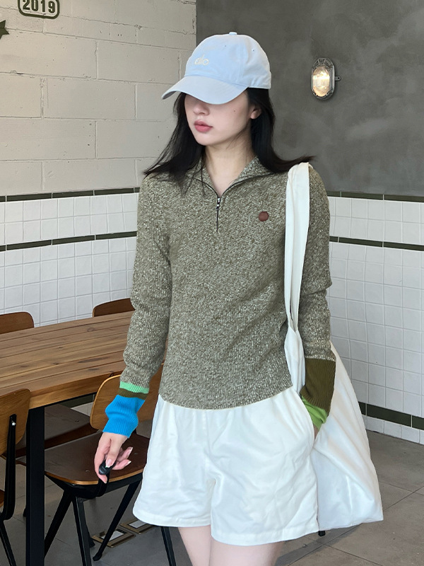 Wool Blend Casual Half-Turtleneck Zip-Up Knit Sweater for Women 2025 Autumn/Winter Slim Fit Color-Blocked Base Top
