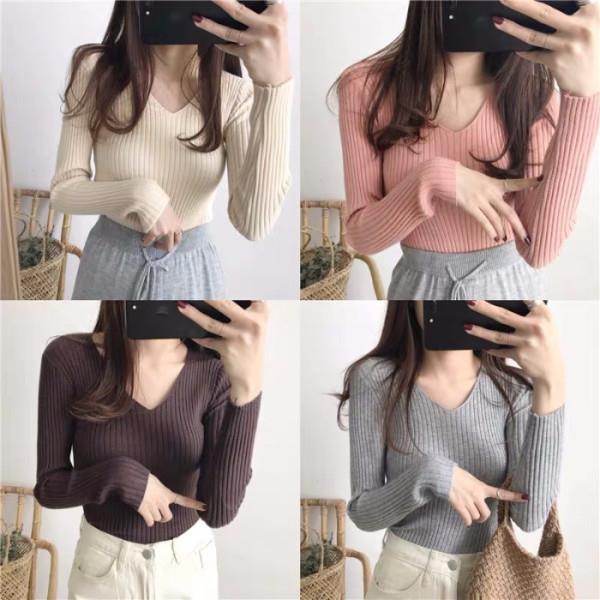 V-Neck Knit Sweater for Women, Spring and Autumn 2026 New Stylish Versatile Sexy Base Layer Top, Tight-Fitting Trendy Sweater