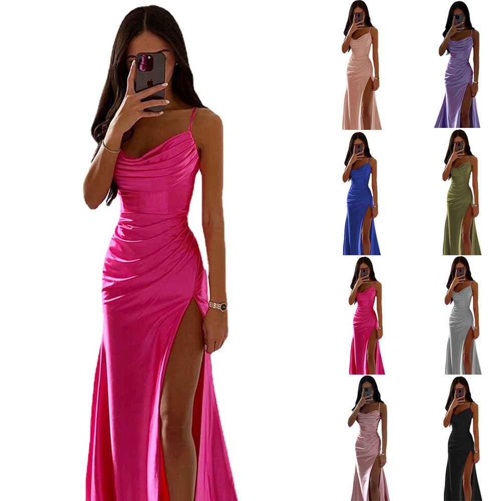Cross-Border 2026 Summer New Style Strapless Ruched Slit Satin Gown Long Dress Sexy Slim-Fit Bodycon Dress
