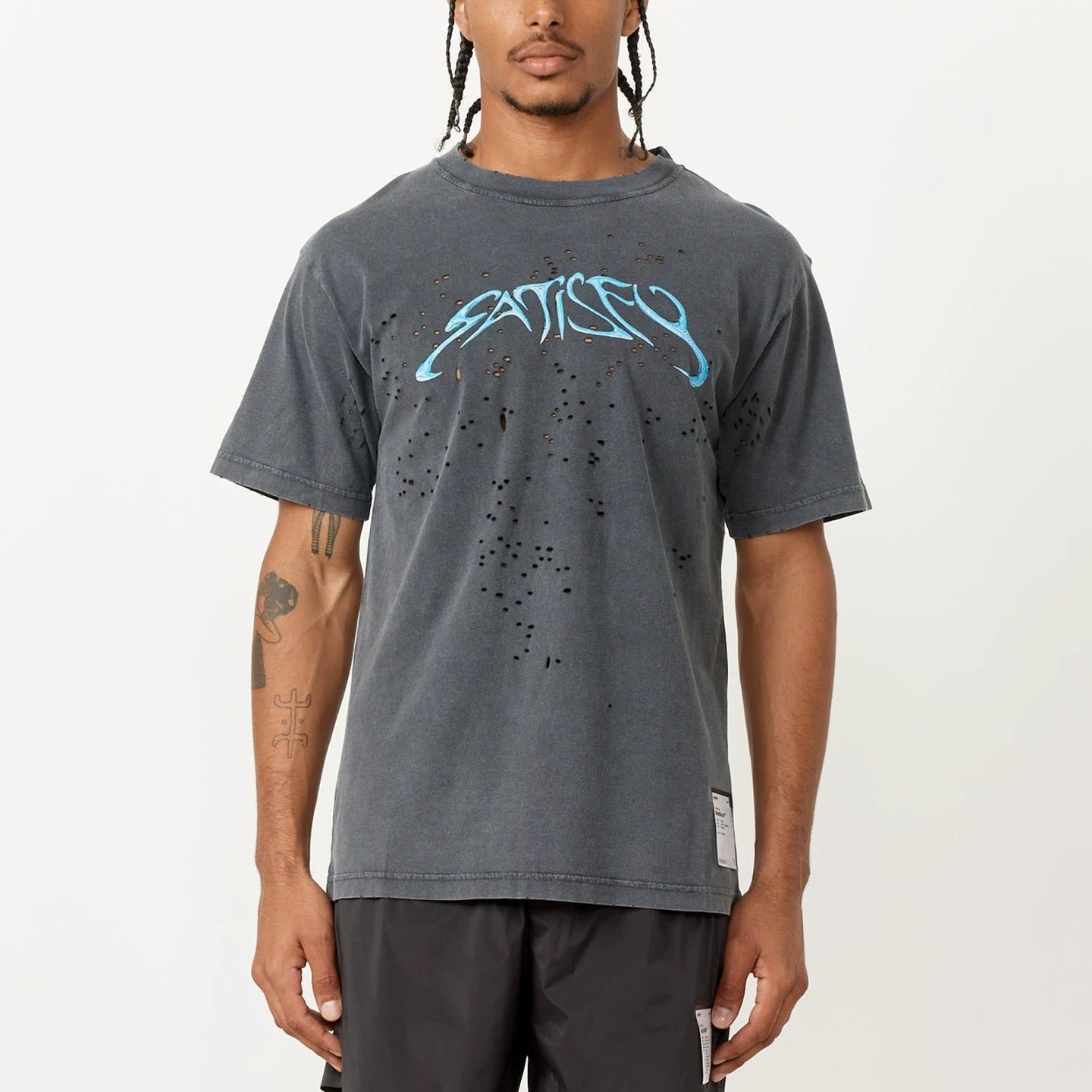 Satisfy Running Sports Style Distressed Retro Ripped Printed Short-Sleeved T-Shirt for Men Loose Trendy Tee Foto QC de TAOBAO na Qualit.ly