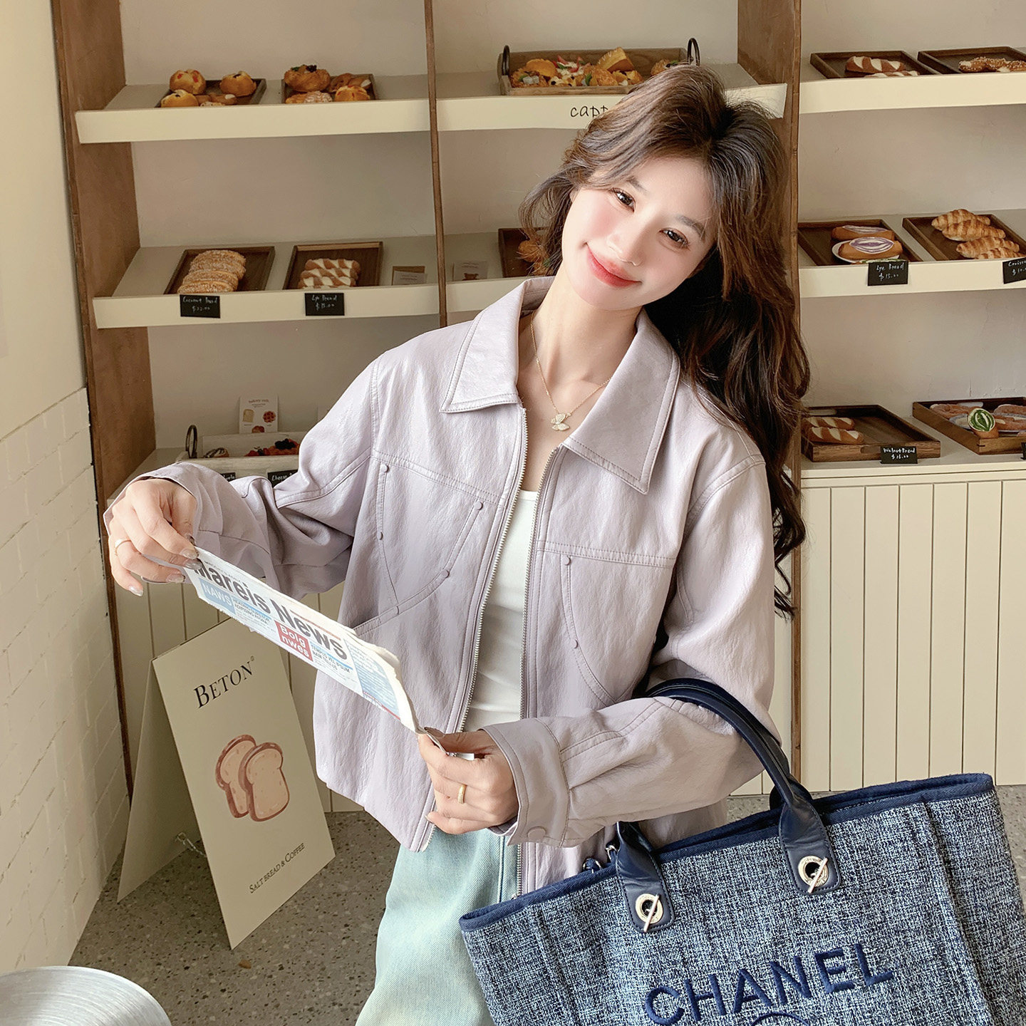 Taro Purple Korean Style Super Stylish Leather Jacket for Women, Short Style, 2026 Spring Collection, Petite Size, Turn-Down Collar Pu Leather Jacket