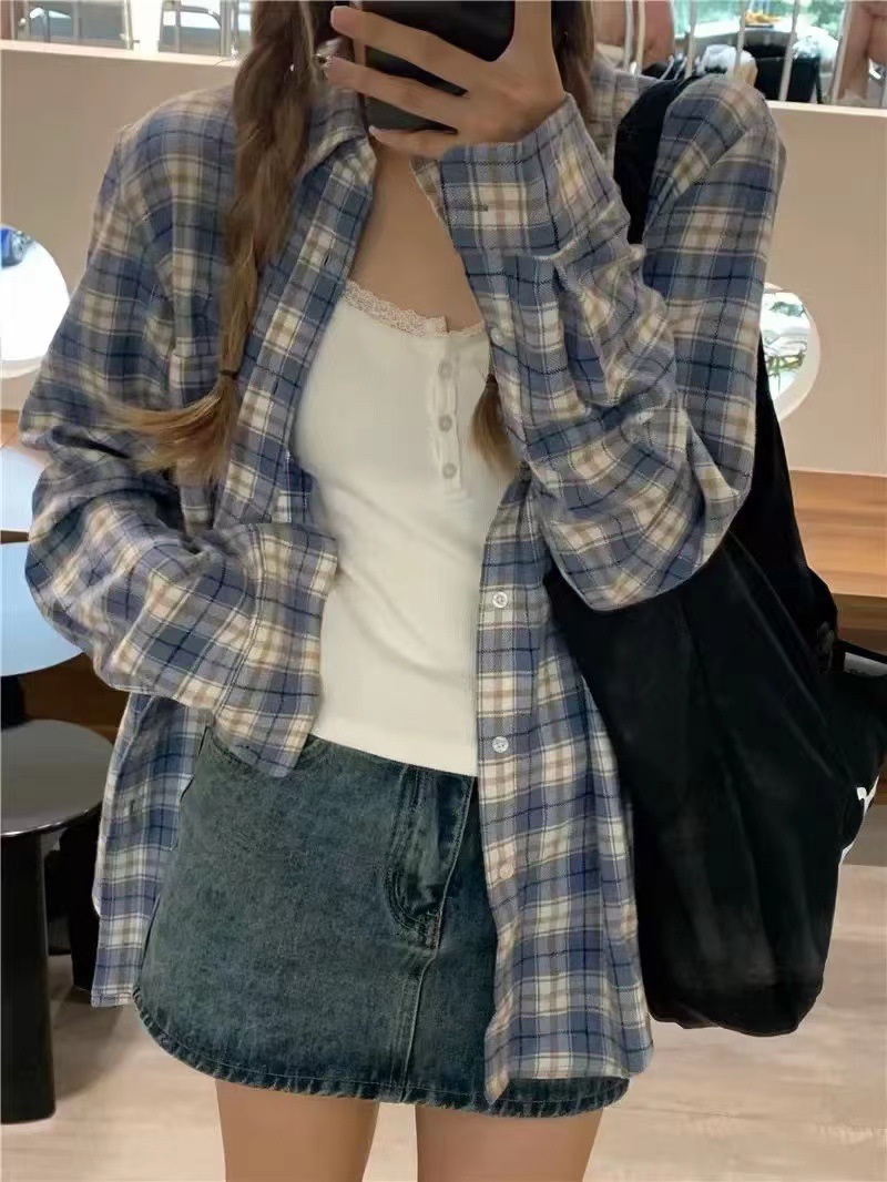 Brandy American Retro Loose Plaid Shirt for Women, New Spring/Summer Vintage Style Shirt, Long-Sleeved Jacket, Trendy