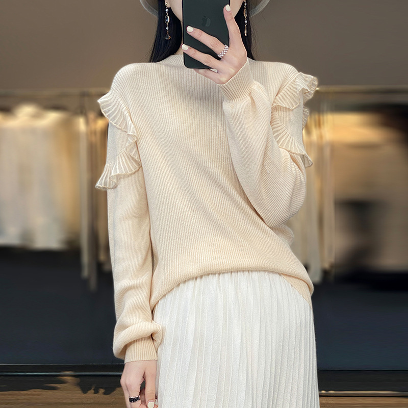 Worsted Wool 2024 Autumn and Winter New Women's Half-high Collar Ear Top Short Solid Color Simple All-match Sweater