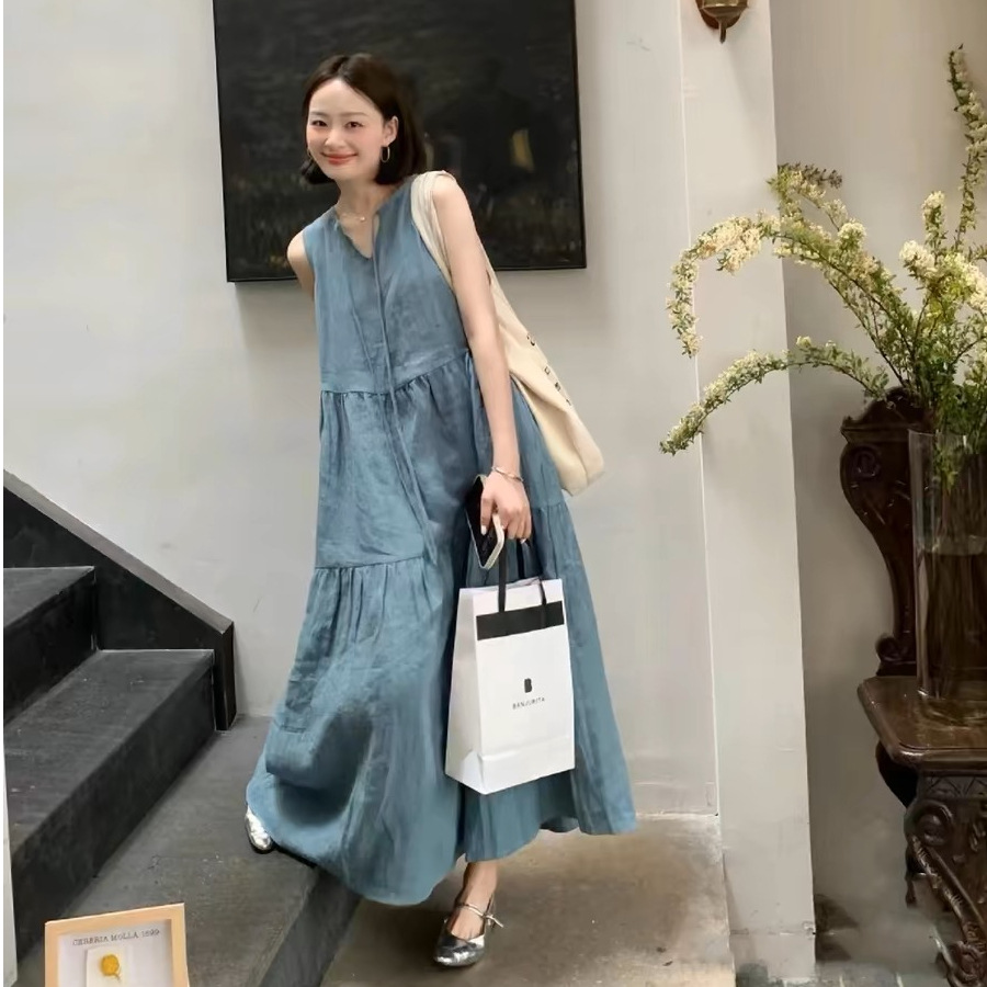 Korean chic Summer Niche Elegant Round Neck Sleeveless Backless Lace-up Casual Loose Imitation Denim Vest Dress