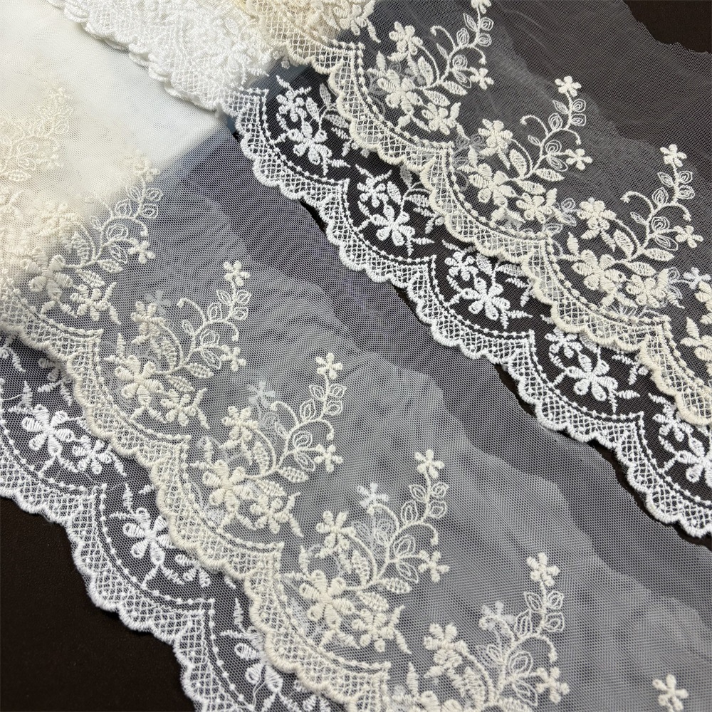 Classic Floral Mesh Embroidery Lace, Women's Clothing Lace Accessories, White/Beige, Width 13cm