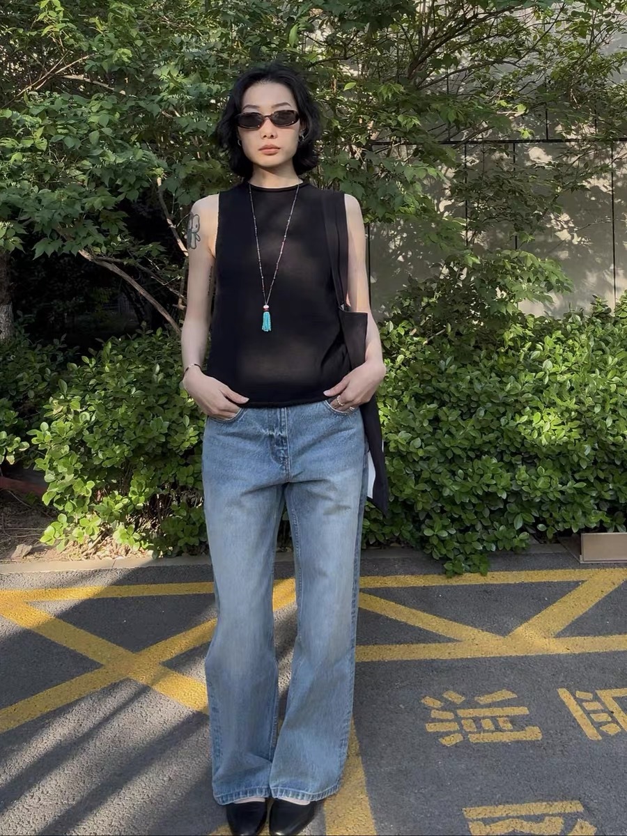 New Joker 1157L distressed white light blue cotton texture retro low waist straight Denim trousers 5014