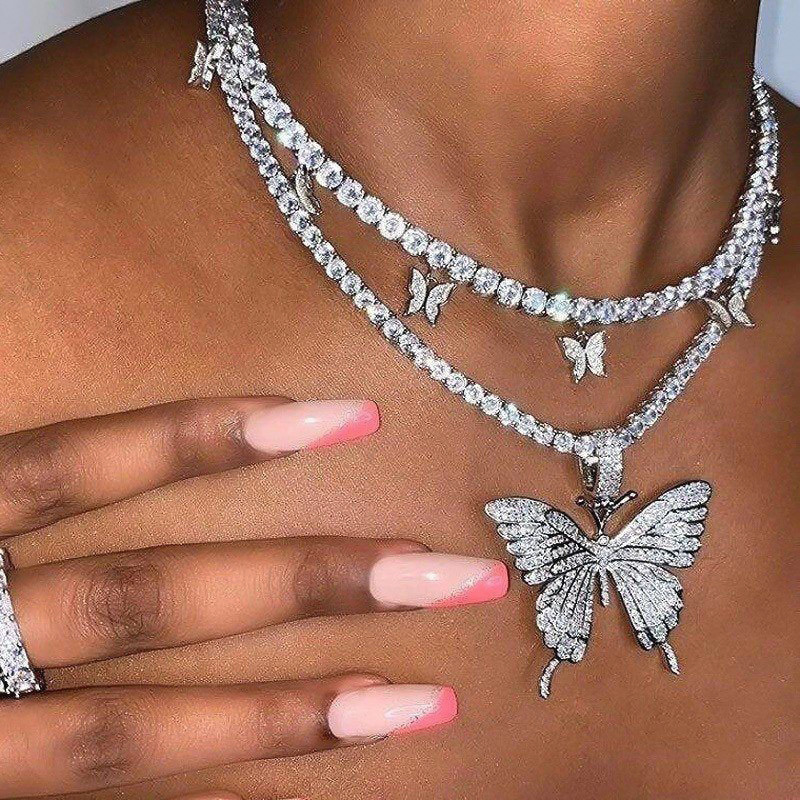Cuban Butterfly Necklace Cross-Border Rhinestone Butterfly Pendant Necklace Hip-Hop Jewelry Tennis Choker Trendy