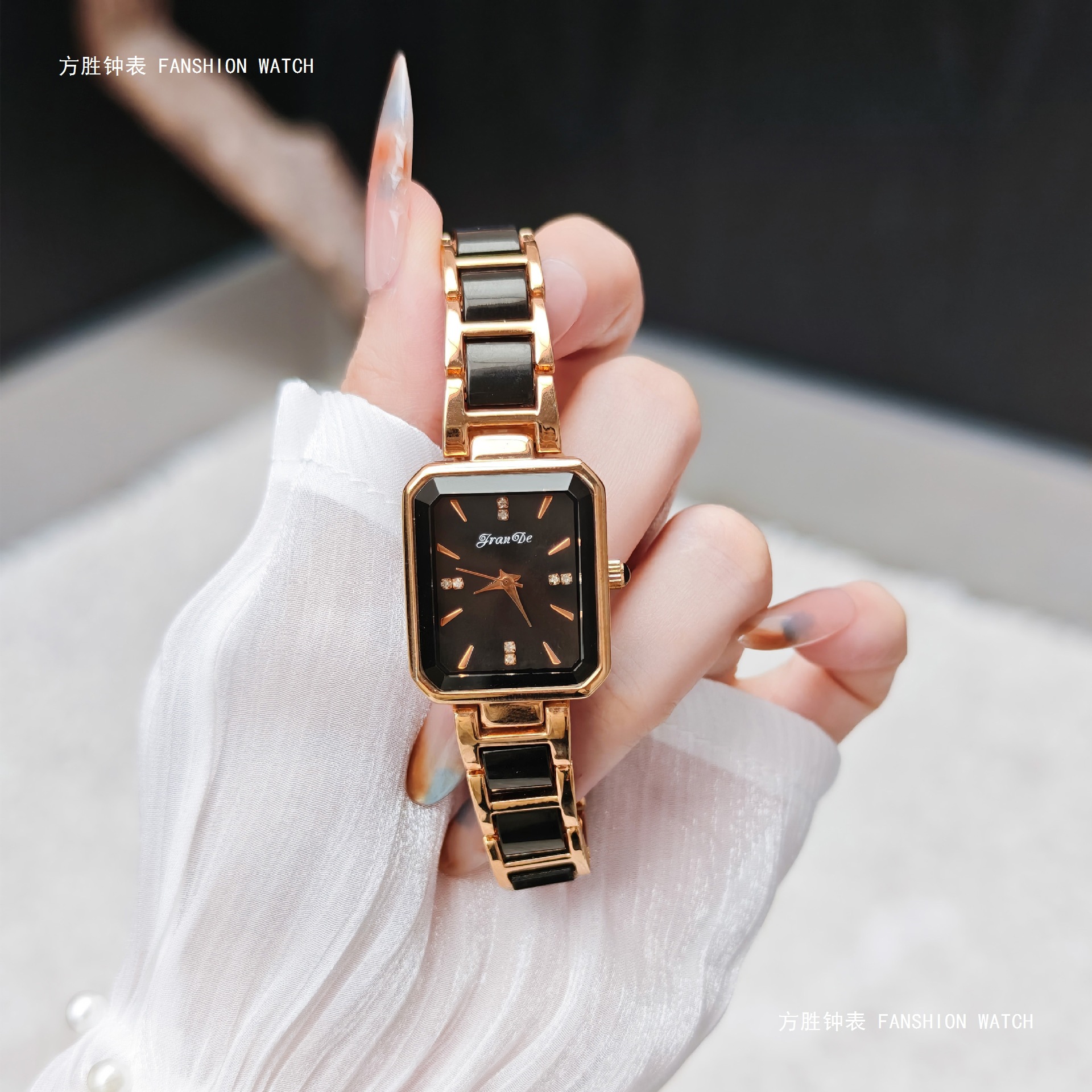 Jrande Fashionable Square-Shaped Elegant Diamond-Encrusted Women's Watch, Light Luxury Hot-Selling Small Square Steel Strap Waterproof Quartz Watch for Women
