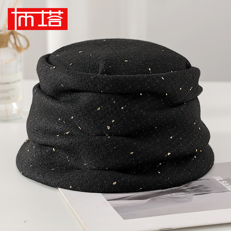 Autumn and Winter Wool Hat for Women, Fashionable Versatile Pleated Face-Slimming Fisherman Hat with Lampshade Design