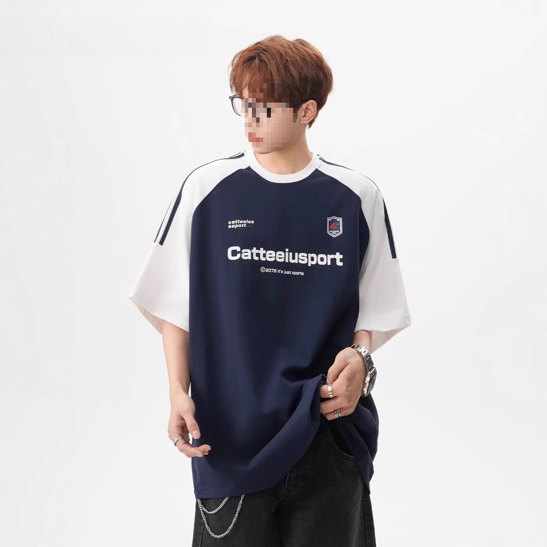 Trendy American-Style Raglan Sleeve Striped Short-Sleeve Men's Summer Heavyweight T-Shirt for Men