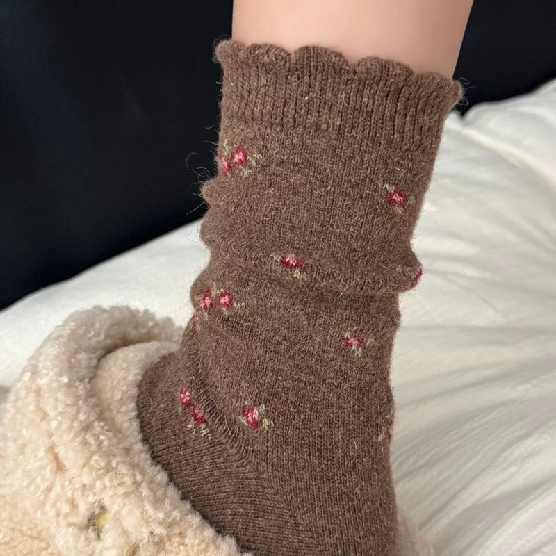 Coffee-Colored Floral Retro Wool Socks for Women, Autumn and Winter Mid-Calf Socks, Thickened Warm Deep Gray Slouch Socks for Winter Snow Boots
