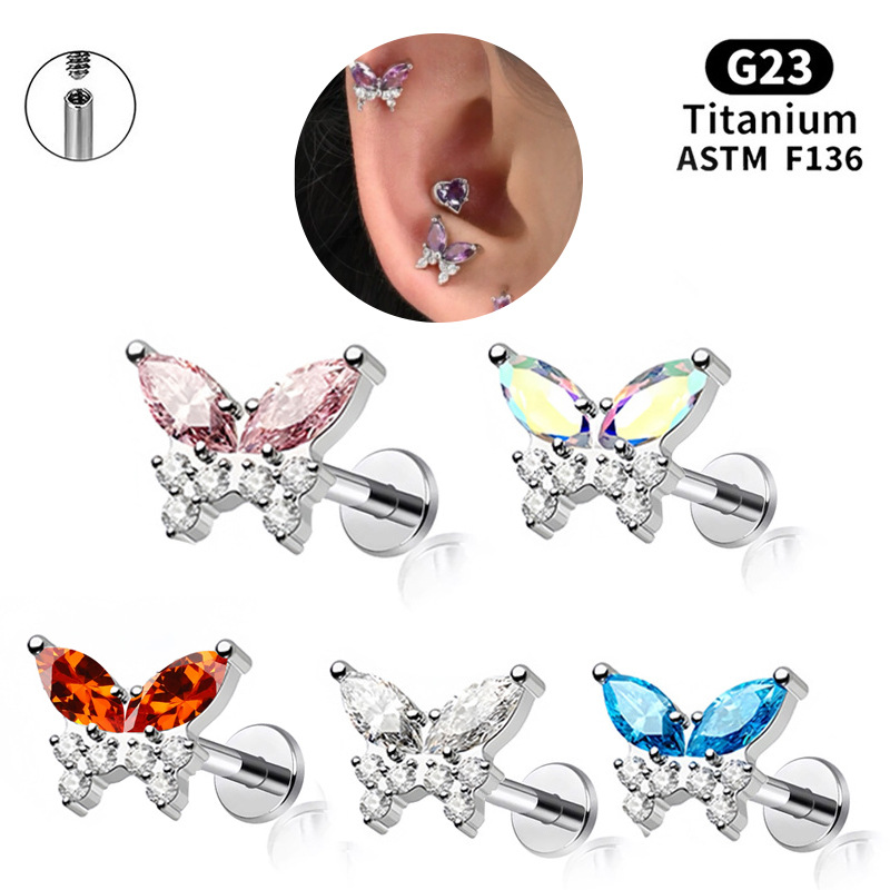 G23 Titanium Alloy Jewelry Butterfly Zircon Earrings Lip Nails Ear Bone Nails Small Fresh and Sweet Piercing Jewelry