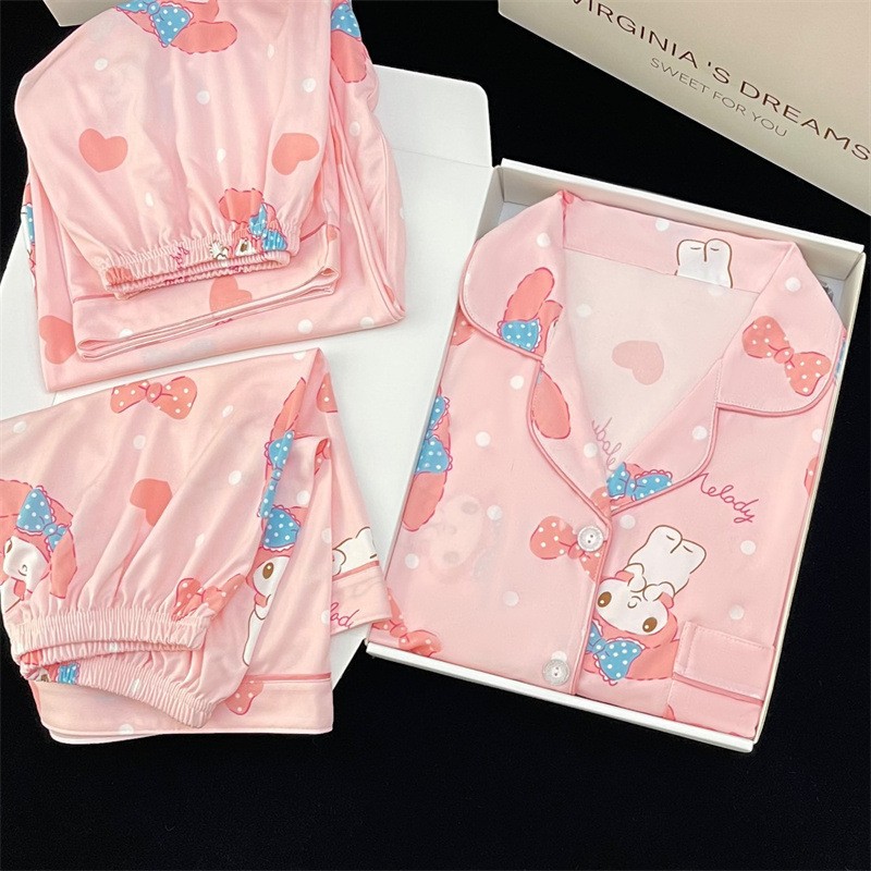 Cute Melody Pajamas Women's Summer Pure Cotton Sweet Cartoon Style Short-Sleeved Girls Spring and Autumn Home Clothes Three-Piece Set