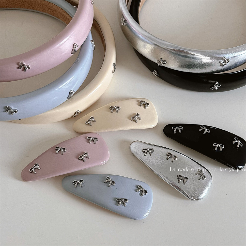 Korean Sweet Color Girl silver Small Bow Leather Hairpin Sweet Broken Hair BB Clip Bangs Headdress Hair Accessories