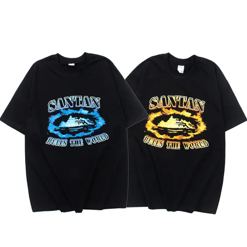 2025 Cross-Border American High Street Hip-Hop Street Letter Flame Printed Short-Sleeved T-Shirt Loose Men's and Women's Trendy Tee