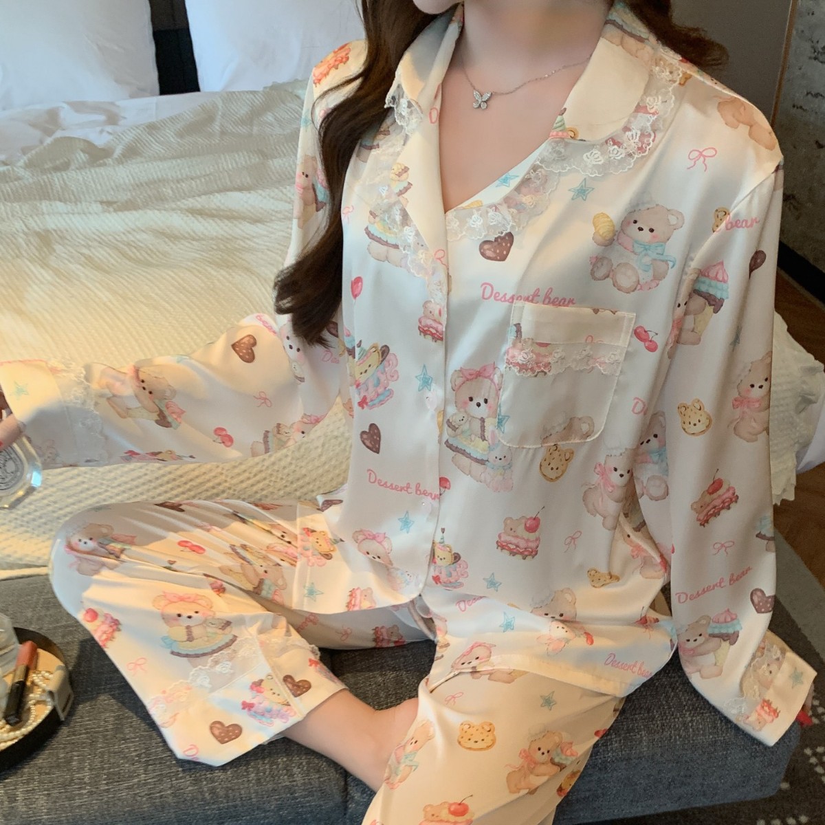 [Chocolate Bear] Spring Sweet and Cute Pajamas for Women with Lace Trim, Long Sleeves and Long Pants, Ice Silk Loungewear