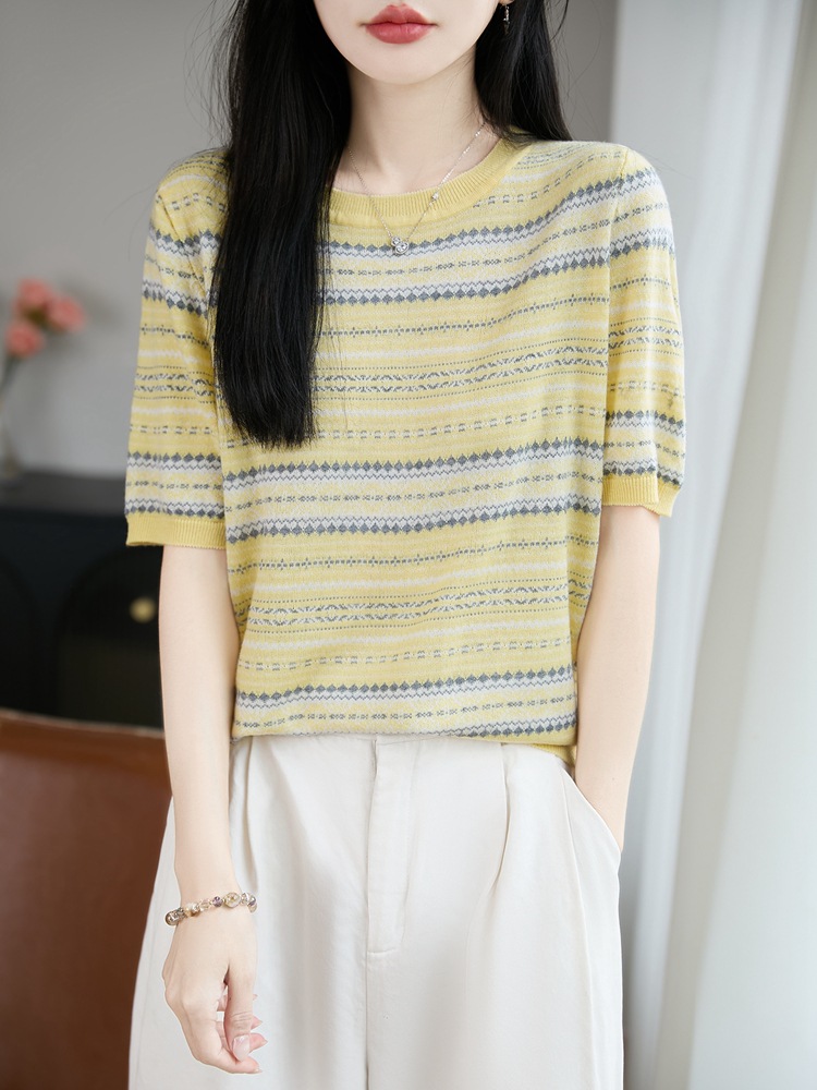 Relaxed Vintage Jacquard Striped Knit Short-Sleeve Women's Versatile Round-Neck Breathable Skin-Friendly Loose-Fit Women's Base T-Shirt