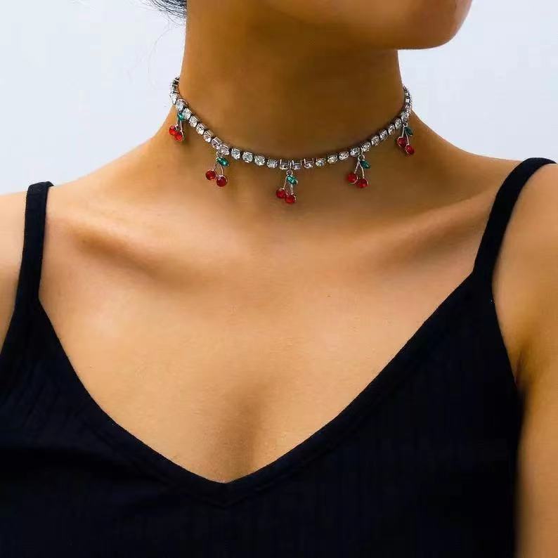 European and American Cross-border New Retro Fashion Simple Rhinestone Cherry Necklace Hip-hop Tennis Rhinestone Neck Chain Neck Accessories for Women