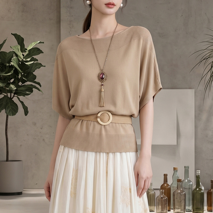 Old Money Style Simple Solid Color Short-Sleeve Top for Women, Breathable Lightweight Drapey Hollow-Out Slimming Ice Silk Knit Shirt