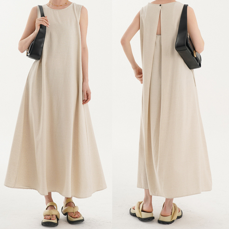 Korean Chic2026 Summer French Design Loose Backless Sleeveless Vest Dress Casual Age-Reducing Long Dress