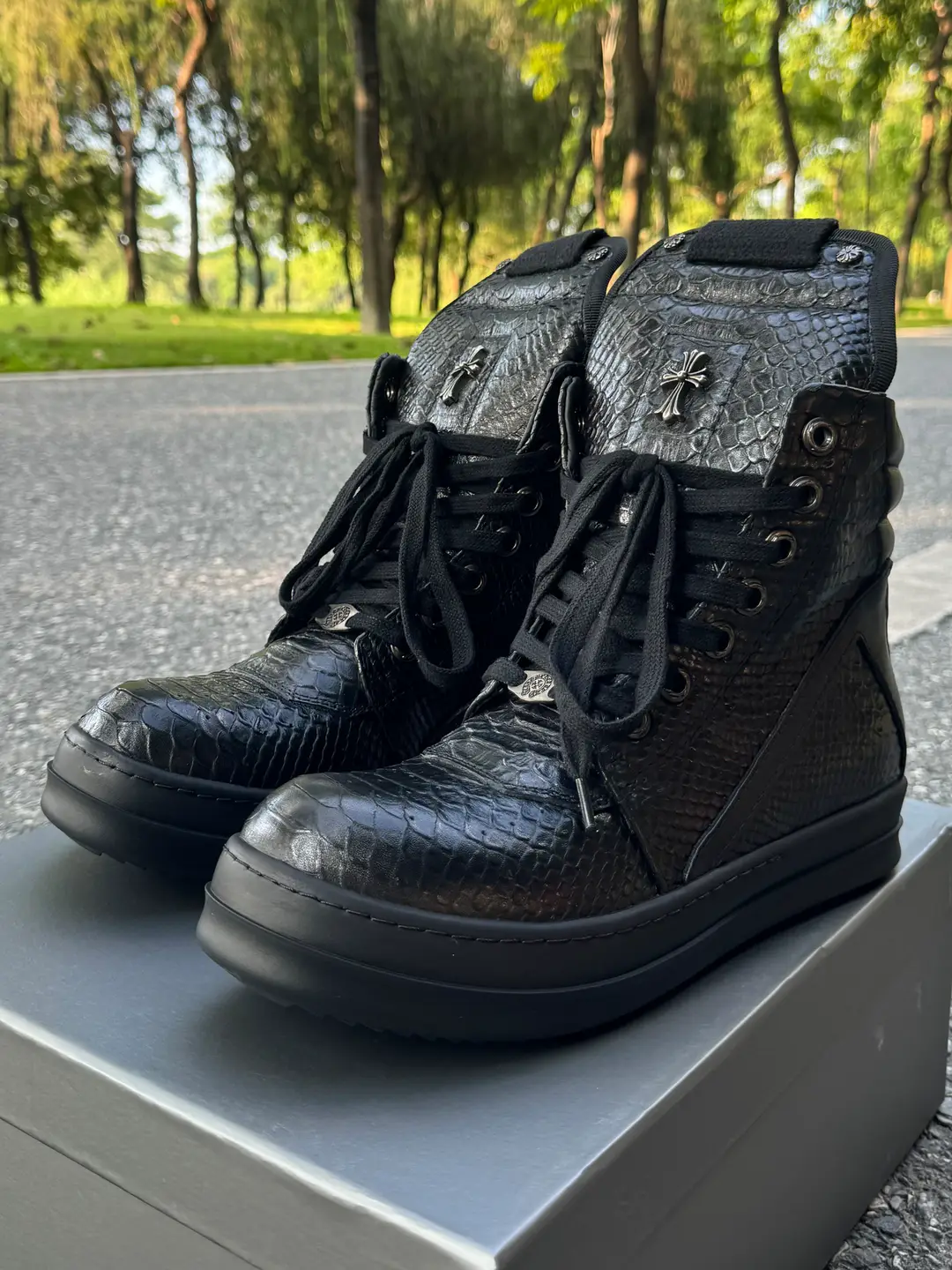 Ro Fabled European and American Trendy Shoes Black Snake Pattern Inverted Triangle Genuine Leather Men's Shoes High-Top Lace-Up Shoes Women's Shoes