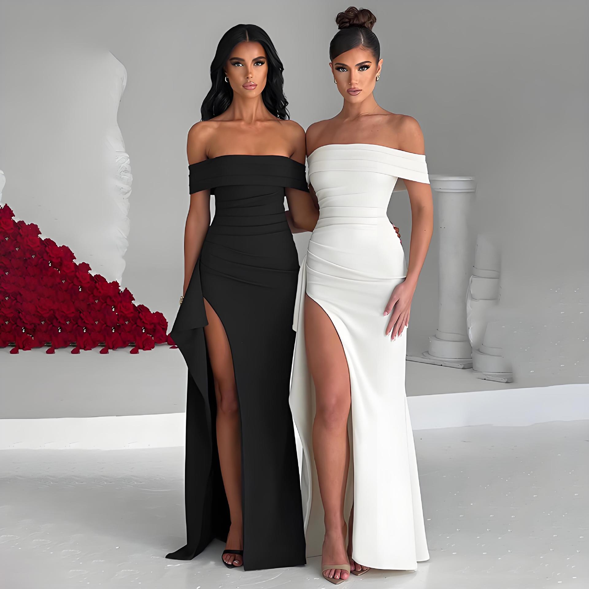 Cross-border European and American Amazon 2024 Summer Tube Top Sexy One-line Collar Backless Slit Long Skirt Women's Dress
