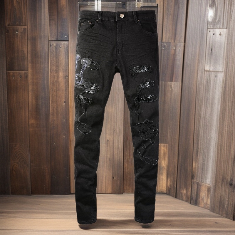 American Trendy Brand Embroidered Cobra Ripped Jeans Men's Elastic Slim Men's High Street Long Pants 8560