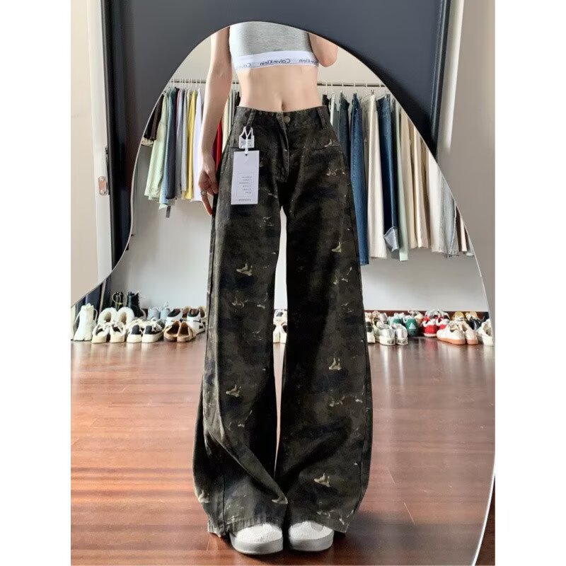American Retro Low-Waist Camouflage Flared Jeans for Tall Individuals, Extended Length, Slimming, Trendy Bootcut Pants