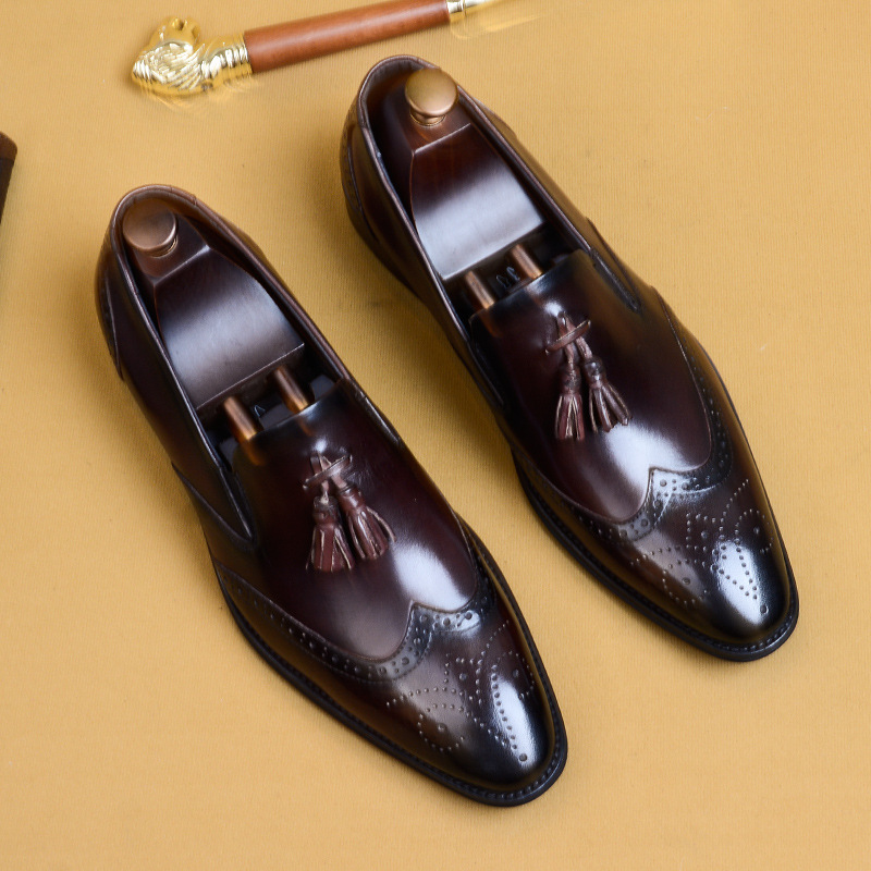 [Vip Exclusive] Hand-Carved Brogue Tassel Retro Pointed Business Formal Casual Genuine Leather Cross-Border Men