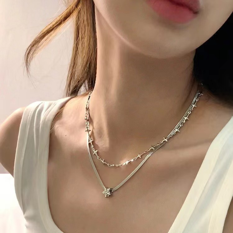 Pure Desire Style~Double Layered Cross Necklace Wholesale Niche Design Sweet Cool Hot Girl Star Clavicle Chain for Women