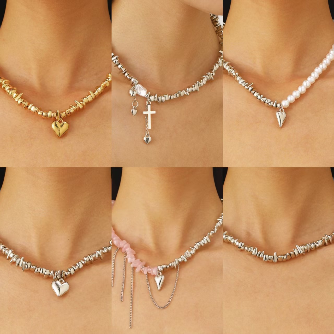 European and American High Sense Elegant Irregular CCB Geometric Love Pendant Necklace Broken Silver Choker Party Jewelry Women