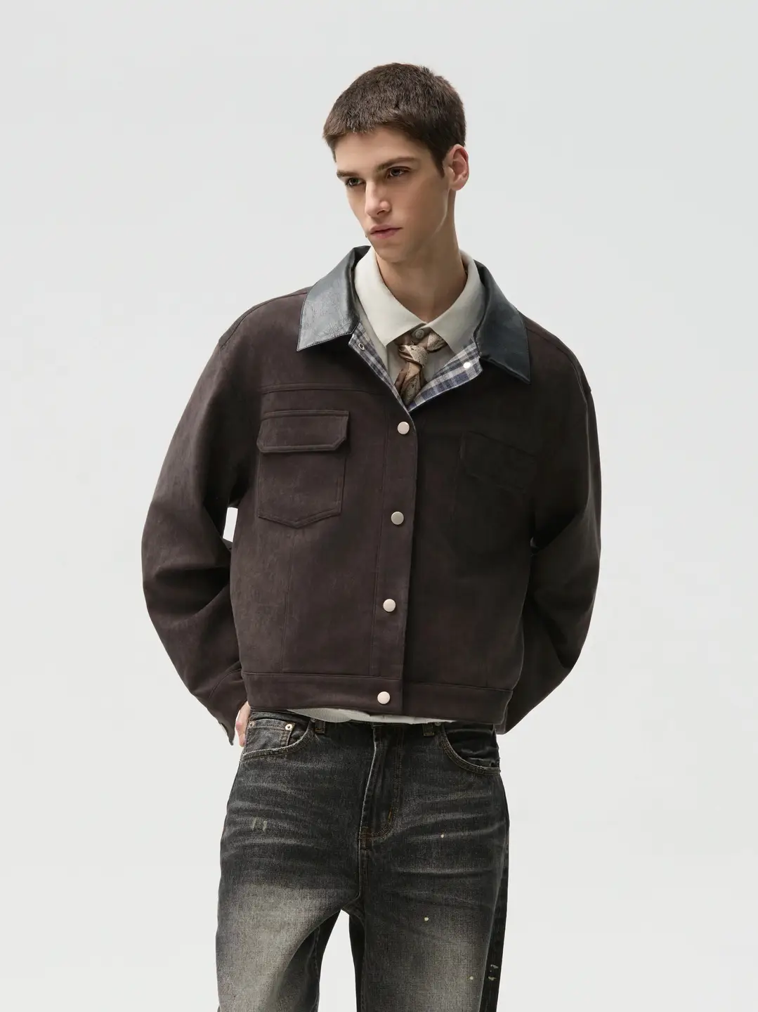 CENSMADE logo embroidery versatile commuting texture suede plaid double-sided jacket boxy short width version